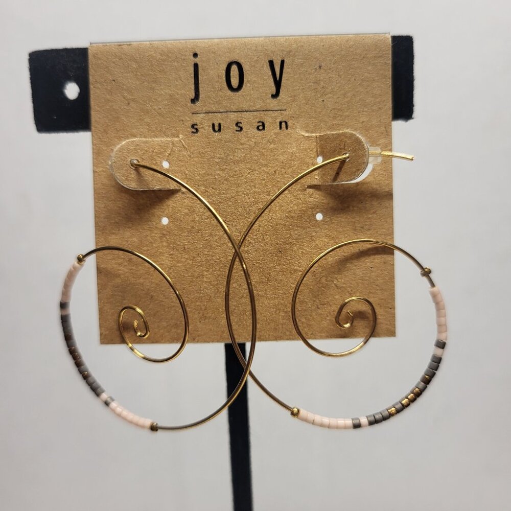 Gold Swirl Thin Hoop Joy Susan Pierced Earrings w/beads Boho Fairy Festival NWT
